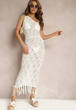 Biała Asymetryczna Dopasowana Sukienka z Jednym Ramiączkiem Zakończona Sznurkami Alareva