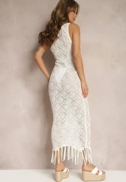 Biała Asymetryczna Dopasowana Sukienka z Jednym Ramiączkiem Zakończona Sznurkami Alareva