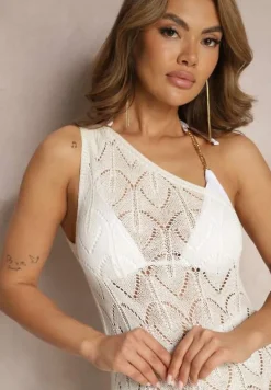 Biała Asymetryczna Dopasowana Sukienka z Jednym Ramiączkiem Zakończona Sznurkami Alareva