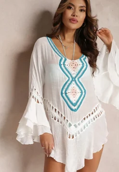 Biała Asymetryczna Narzutka z Ażurowymi Wstawkami i Falbankami Hirisa