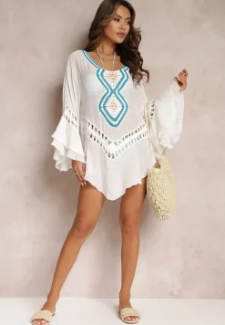 Biała Asymetryczna Narzutka z Ażurowymi Wstawkami i Falbankami Hirisa