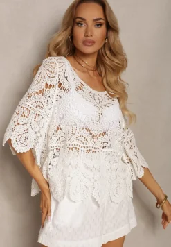 Biała Ażurowa Bluzka Bawełniana z Szerokimi Rękawami Effiori