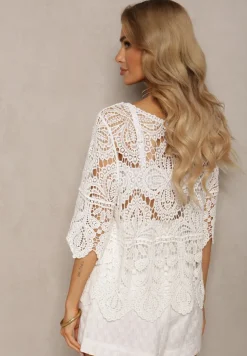 Biała Ażurowa Bluzka Bawełniana z Szerokimi Rękawami Effiori