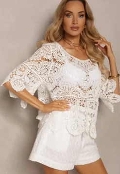 Biała Ażurowa Bluzka Bawełniana z Szerokimi Rękawami Effiori