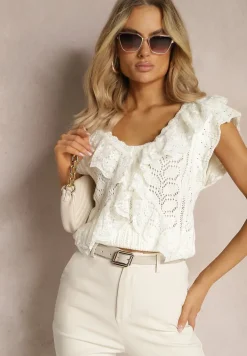 Biała Ażurowa Bluzka Top z Koronkowymi Falbankami Urcca