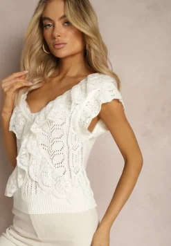 Biała Ażurowa Bluzka Top z Koronkowymi Falbankami Urcca