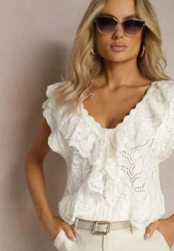 Biała Ażurowa Bluzka Top z Koronkowymi Falbankami Urcca