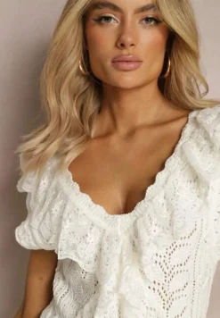 Biała Ażurowa Bluzka Top z Koronkowymi Falbankami Urcca