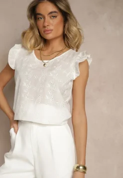 Biała Ażurowa Bluzka z Bawełny Ozdobiona Falbankami Ridilane
