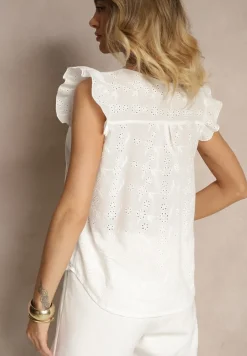 Biała Ażurowa Bluzka z Bawełny Ozdobiona Falbankami Ridilane