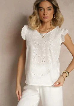 Biała Ażurowa Bluzka z Bawełny Ozdobiona Falbankami Ridilane
