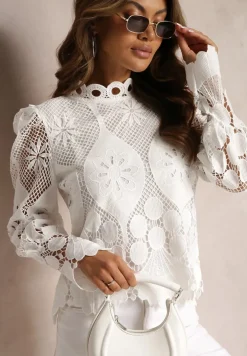 Biała Ażurowa Bluzka z Bufiastymi Rękawami i Stójką Kosalie