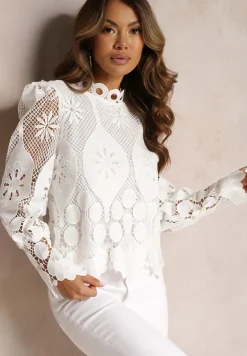 Biała Ażurowa Bluzka z Bufiastymi Rękawami i Stójką Kosalie