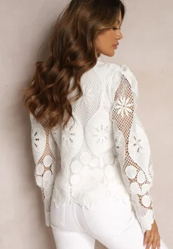 Biała Ażurowa Bluzka z Bufiastymi Rękawami i Stójką Kosalie