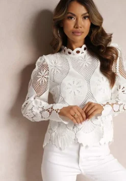 Biała Ażurowa Bluzka z Bufiastymi Rękawami i Stójką Kosalie