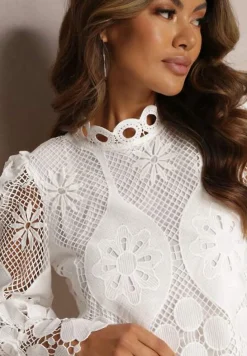 Biała Ażurowa Bluzka z Bufiastymi Rękawami i Stójką Kosalie