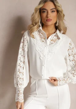 Biała Ażurowa Koszula z Bufiastym Rękawem i Perłowymi Guzikami Ingebo