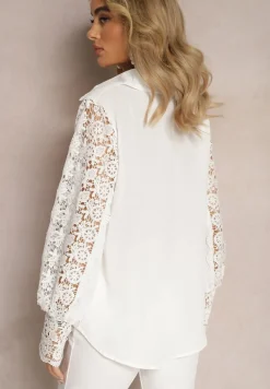 Biała Ażurowa Koszula z Bufiastym Rękawem i Perłowymi Guzikami Ingebo