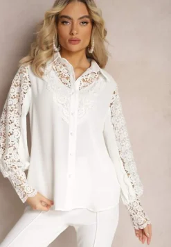 Biała Ażurowa Koszula z Bufiastym Rękawem i Perłowymi Guzikami Ingebo