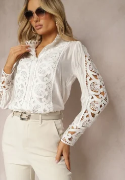 Biała Ażurowa Koszula ze Stójką w Stylu Vintage Jirdima