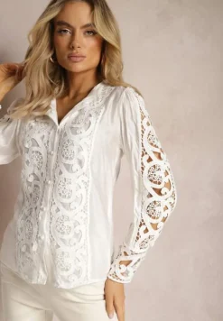 Biała Ażurowa Koszula ze Stójką w Stylu Vintage Jirdima