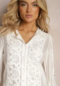 Biała Ażurowa Koszula ze Stójką w Stylu Vintage Jirdima