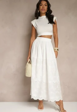 Biała Ażurowa Rozkloszowana Spódnica z Bawełny Kolittra