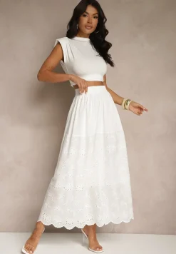 Biała Ażurowa Rozkloszowana Spódnica z Bawełny Kolittra
