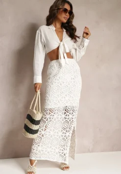 Biała Ażurowa Spódnica Maxi z Rozcięciem Devotti