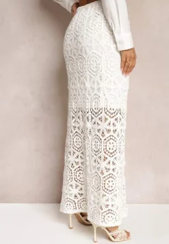Biała Ażurowa Spódnica Maxi z Rozcięciem Devotti