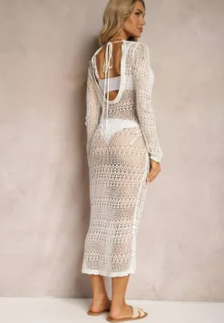 Biała Ażurowa Sukienka Narzutka z Długimi Rękawami Odemia