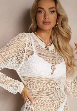 Biała Ażurowa Sukienka Narzutka z Długimi Rękawami Odemia