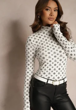 Biała Bawełniana Bluzka Golf Ozdobiona Geometrycznym Motywem Ahlinna