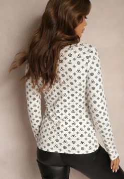 Biała Bawełniana Bluzka Golf Ozdobiona Geometrycznym Motywem Ahlinna