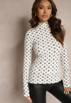 Biała Bawełniana Bluzka Golf Ozdobiona Geometrycznym Motywem Ahlinna