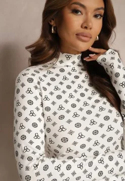 Biała Bawełniana Bluzka Golf Ozdobiona Geometrycznym Motywem Ahlinna