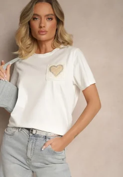 Biała Bawełniana Bluzka Ozdobiona Sercem z Cyrkonii Marionella