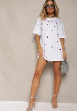 Biała Bawełniana Bluzka Prosta z Kryształkami i Cyrkoniami Leokka