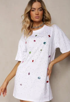 Biała Bawełniana Bluzka Prosta z Kryształkami i Cyrkoniami Leokka