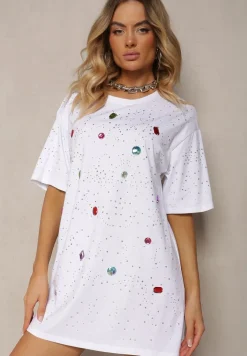 Biała Bawełniana Bluzka Prosta z Kryształkami i Cyrkoniami Leokka