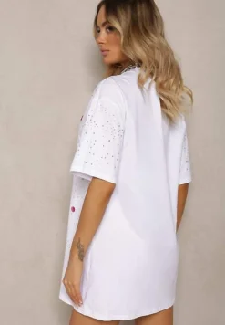 Biała Bawełniana Bluzka Prosta z Kryształkami i Cyrkoniami Leokka