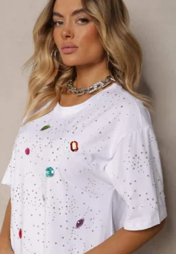 Biała Bawełniana Bluzka Prosta z Kryształkami i Cyrkoniami Leokka