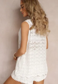 Biała Bawełniana Bluzka Top w Ażurowym Stylu Kimbelta
