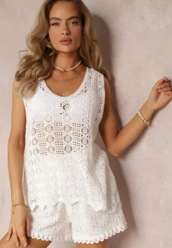 Biała Bawełniana Bluzka Top w Ażurowym Stylu Kimbelta