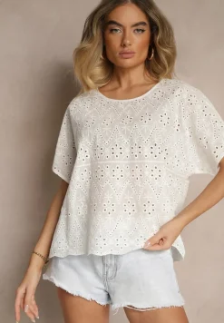 Biała Bawełniana Bluzka z Ażurowym Wzorem Vorecia