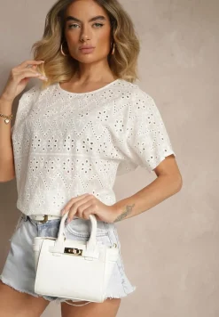 Biała Bawełniana Bluzka z Ażurowym Wzorem Vorecia