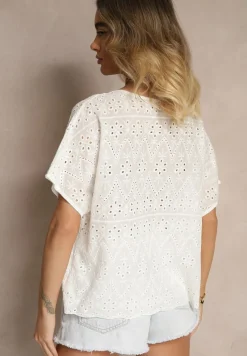 Biała Bawełniana Bluzka z Ażurowym Wzorem Vorecia