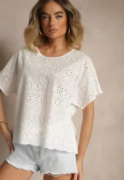 Biała Bawełniana Bluzka z Ażurowym Wzorem Vorecia