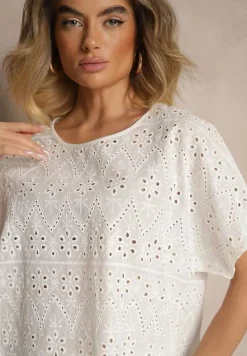 Biała Bawełniana Bluzka z Ażurowym Wzorem Vorecia