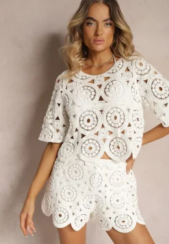Biała Bawełniana Bluzka z Ażurowym Wzorem Dlinea